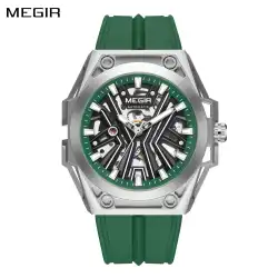 MEGIR New Stainless Steel Case Skeleton Mechanical Watch Waterproof Luminous Men Fully Automatic Wristwatch Silicone Strap Watch