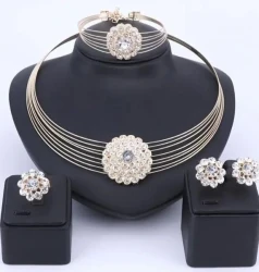 Golden Multi-Strand Choker & Crystal Flower Medallion Jewelry Set