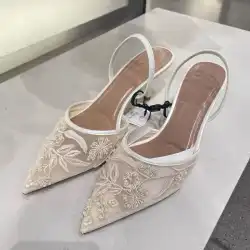 Brand Designer White Women Pumps Mesh Embroidered Flowers Back Strap Sexy Slingback High Heels Dress Wedding Shoes for Ladies
