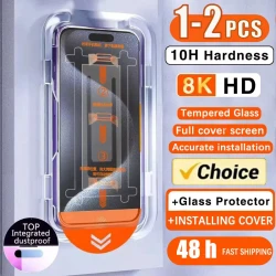 1-2pcs 8K HD Tempered Glass Film For IPhone 16 Pro Max 15 13 14 12 11 SE 2020 2022 Screen Protector XS XR 7 8 Auto-Dust Removal