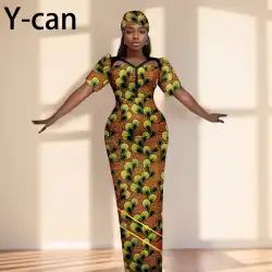 Party Gown African Dresses for Women Slim Fit Short Sleeve Dress Evening Vestidos with Headwrap Dashiki Ankara Print 2525071