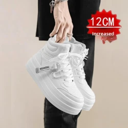 New Autumn/Winter Men's Casual Sneakers 12cm Increased Height 10cm Thick Sole White Shoes High Top Rubber Base Male Footwear