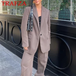 TRAFZA Woman Fashion 2025 Autumn Brown Office Lady Woman Suits Loose V Neck Blazer+High Waist Long Leg Pants Vintage Women Sets