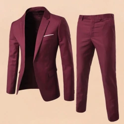 2Pcs/Set Men Slim Fit Suit Set Lapel Long Sleeve Single Button Suit Coat Mid-rise Long Pants Set Solid Color Business Outfit