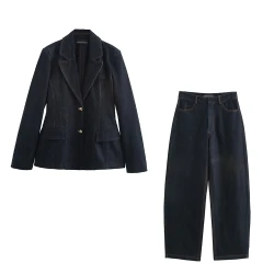 PB&ZA Women 2025 Spring New Fashion Denim Blazer Coat Bucket Jeans Vintage Long Sleeve Casual Female set woman 2 pieces