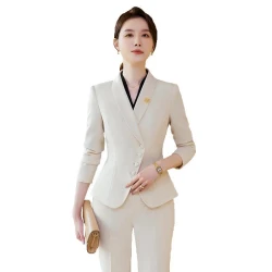 Apricot Blue Ladies Formal Pant Suit Women Jacket And Trouser Female Business Work Wear 2 Piece Blazer Set For Autumn Winter