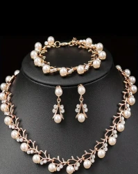 Rose Gold Pearl Jewelry Set - Elegant 3-Piece Necklace Bracelet Earrings with Rhinestone Crystals for Women Wedding Bridal Party