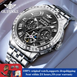 OUPINKE 3252 Fully Automatic Watch For Men Hollow Skeleton Top Brand Mechanical Man Watches Roman Scale Date Fashion Hand Clock