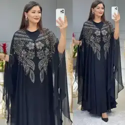 Customized CustomizedNew African Dashiki Women's Fashion Abaya Stylish Chiffon Fabrics Hot Drilling Loose Long Dress Free Size +
