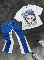 Men's Fashion Casual Drawstring Pants And Round Neck Short-sleeved T-shirt Suit Connector Hip-hop Trend Men's Two-piece Set