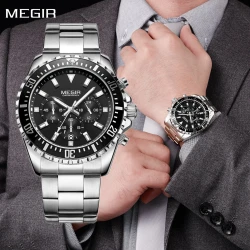 MEGIR Original Luxury Men Business Quartz Watches Stainless Steel Chronograph Military Wristwatch Clock Relogio Masculino 2064