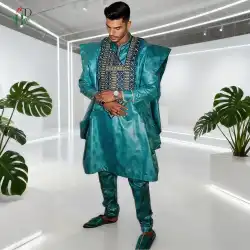 African Traditional Wear Formal Attire Bazin Riche Dashiki Thobe Green 3PCS Shirt Pant Robe Suit Agbada Men's Wedding Party 2025
