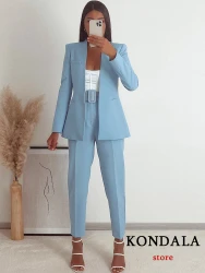 KONDALA Office Lady Light Blue Blazer Suits Women 2 Pieces V Neck Loose Jackets+High Waist Sashes Pants Fashion 2023 Autumn Sets