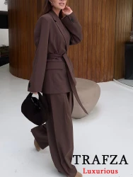 TRAFZA Office Lady Casual Chic Solid Women Suit Single Button Sashes Loose Blazer Zipper Pants Fashion 2025 Spring Summer Sets