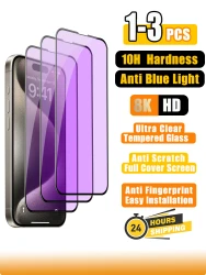 1-3Pcs Anti Blue Ray 10H Tempered Glass For iPhone 15 14 13 12 mini 11 Pro X XS Max XR Purple Light Screen Protector