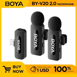 BOYA Wireless Lapel 2pcs Microphone for Android Smartphone Laptop - Omnidirectional USB C Condenser Video Recording Microphone