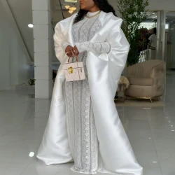 Two Pieces Set Loose Africa Clothing Kaftan Boubou Maxi Gown for Women Inside Lace Dresses with Cape Occasion Autumn New Fashion