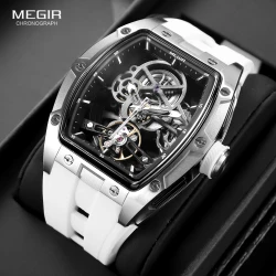 MEGIR Men's Automatic Mechanical Watch with Stainless Steel Case Silicone Band Skeleton Dial Waterproof Sport Wristwatch
