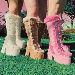 Big Size 46 Winter y2k Pink Knee High Boots Women White Chunky Platform Boots Gothic Black Faux Fur Block High Heels Boots Shoe