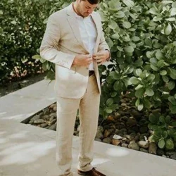 Notch Lapel Single Brested Men Suits Beige Linen Slim Fit Regular Length Flat Front Casual 2 Piece Jacket Pants Wedding Outfits