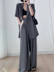 2024 Short Sleeve Wide Leg Pants Blazer Suit Two Piece Set Summer New Fashion Work Business Casual Female Clothes