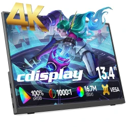 13.4 Inch 4K Portable Monitor 3840x2400 IPS Screen 100% sRGB 500Nits Travel Screen Laptop PC Phone Xbox Gaming External Display