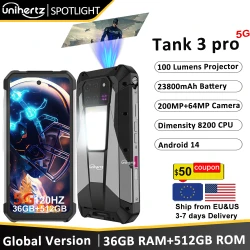 US EU MX Warehouse Unihertz Tank 3 Pro 8849 with 100 Lumens 5G Projector phone,32GB/36GB RAM,512GB ROM,23800mAh 120W,200MP, NFC