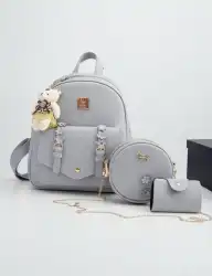 3-in-1 Grey Fashion Backpack Set with Bear Charm