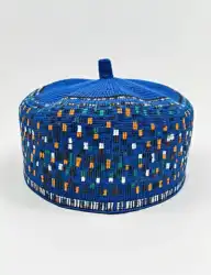 Handwoven Blue Kufi Cap with Colorful Pattern