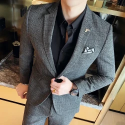 2023 New High-end Autumn and Winter (suit + Trousers) Men's Two-piece Set of British Slim-fit Plaid Wedding Leisure Business