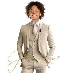 Beige Boy's Slim Fit Formal Suit 3 Pieces Set for Wedding Prom Dinner Party Kids Uniform Custom Tuxedos Blazer Vest Pants
