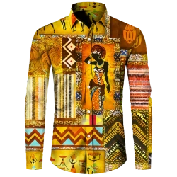 African Ethnic Pattern Hawaiian Shirts For Men Retro Drum 3D Printed Blouse Autumn Fashion Casual Loose Aloha Shirts Long Sleeve
