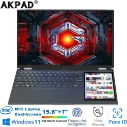 2025 AKPAD 15.6"+7" Dual Screen Laptop Computer, Intel N95 32GB/16GB DDR4 RAM, RGB Backlit Keyboard 7" Touch Screen Notebook PC