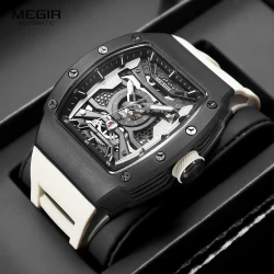 MEGIR 8604 Men's Wine Barrel Automatic Mechanical Watch Fashion and Leisure Silicone Strap Fashion Night Light Watches for Man
