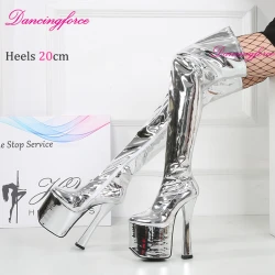 Metal Silver 20cm Block Heels Platform Thigh High Boots Ladies Glossy Nightclub Fetish Over Knee Long Shoes Plus Size
